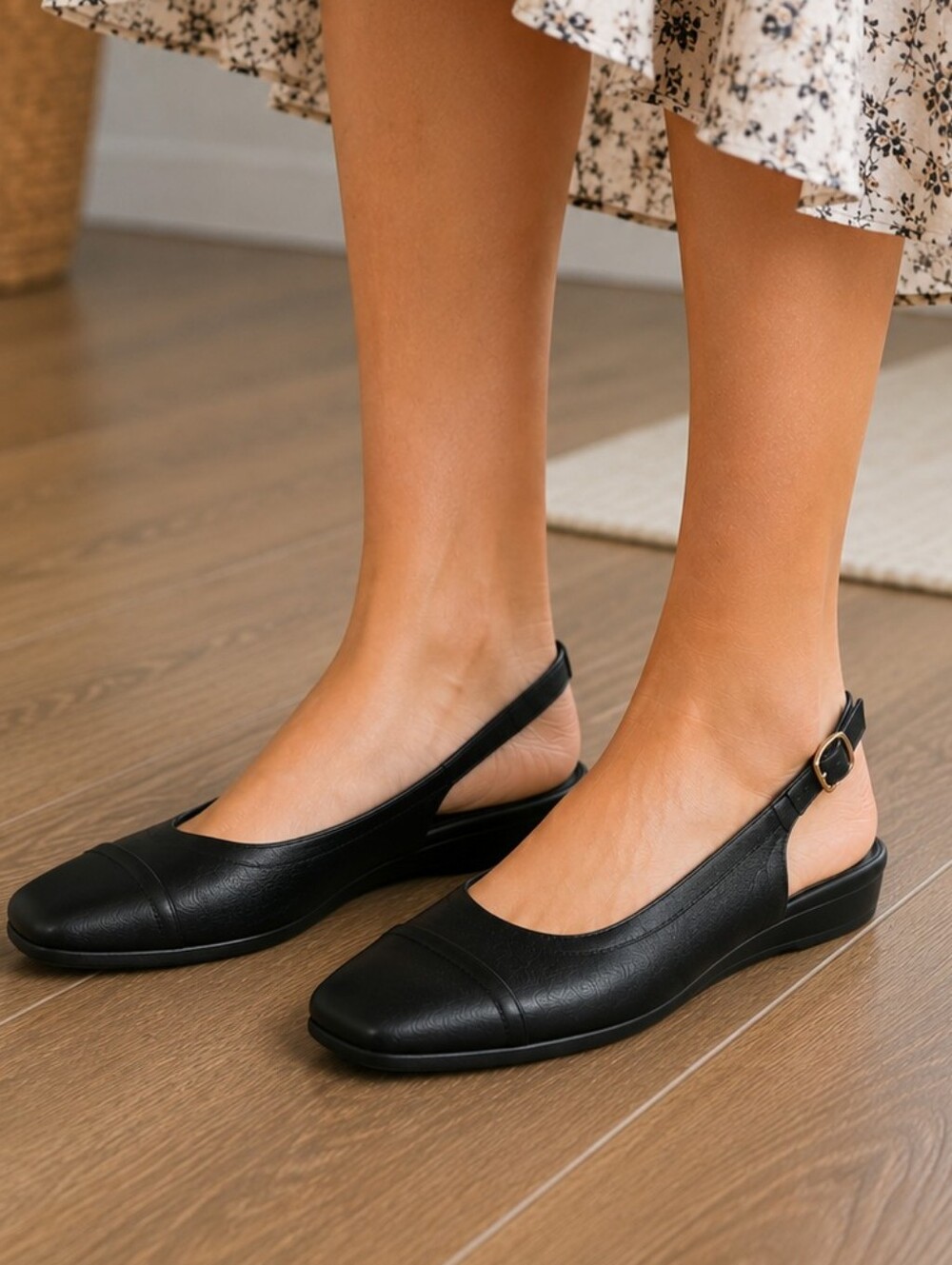 SoftWalk Vittoria Women’s 7W Black Leather Slingback Mini Wedge Comfort Shoes